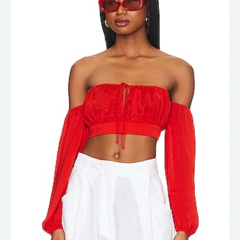 NWT SUPERDOWN Revolve Red Ruched Tie Front Crop Top